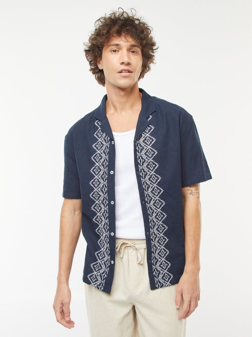 Chemise manches courtes en lin mélangé avec broderies - Kiabi