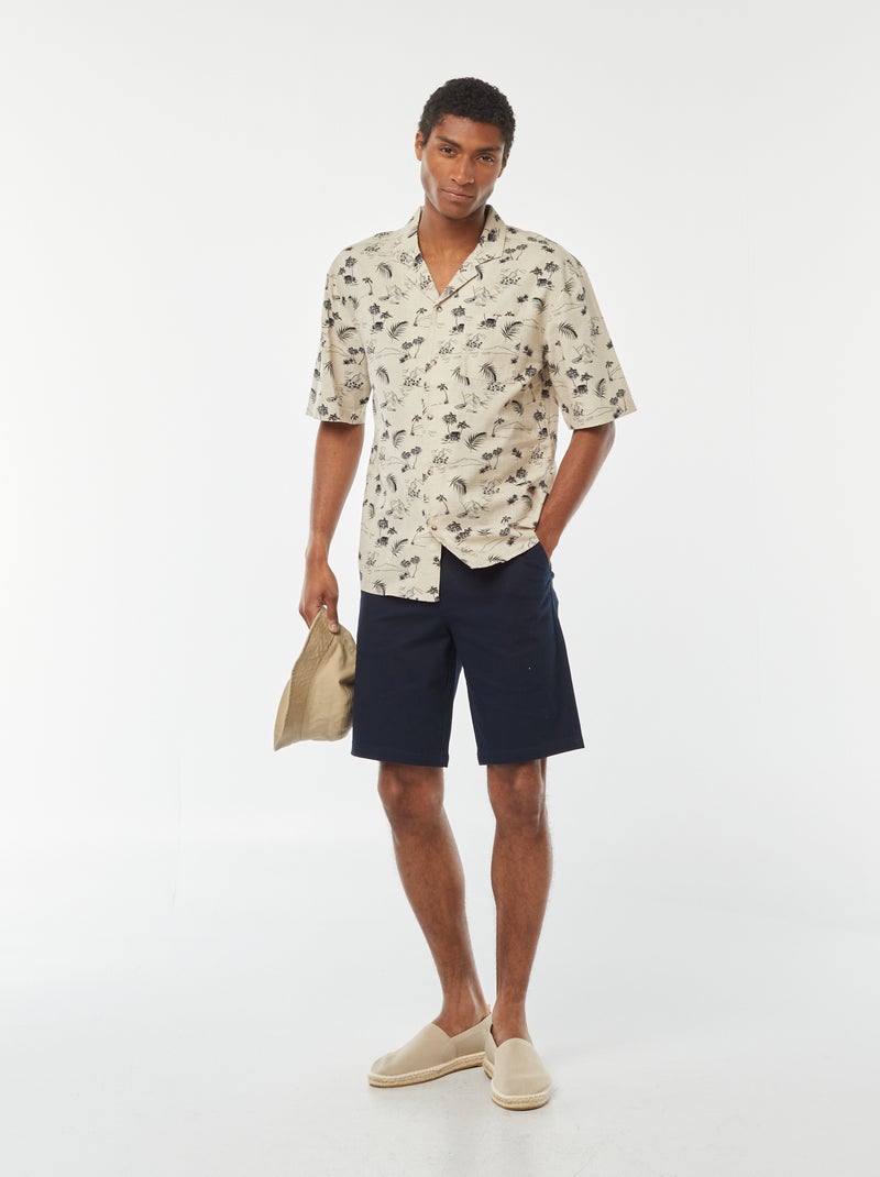 Chemise manches courtes imprimée en lin mélangé Beige - Kiabi