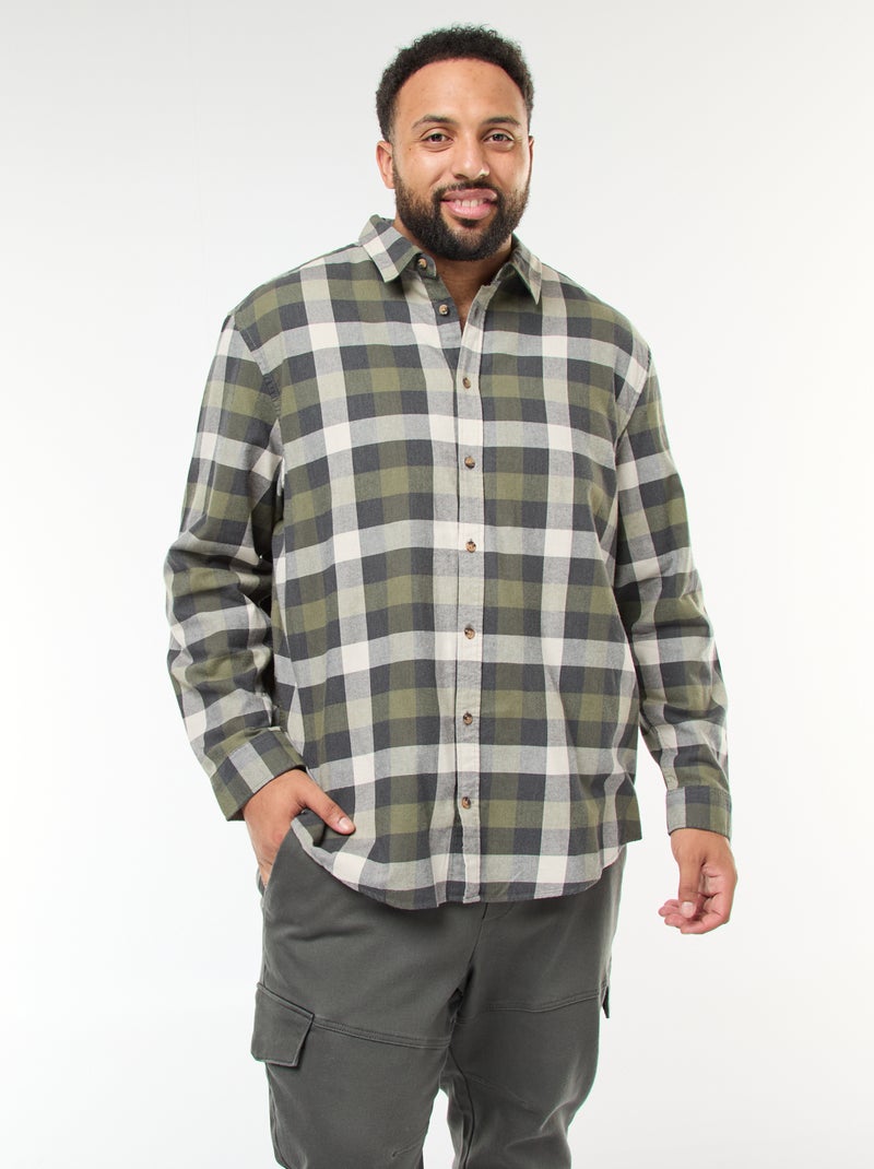 Chemise manches longues à motif à carreaux Kaki - Kiabi