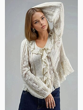 Chemise nouée à col en v et dentelle à volants busem
