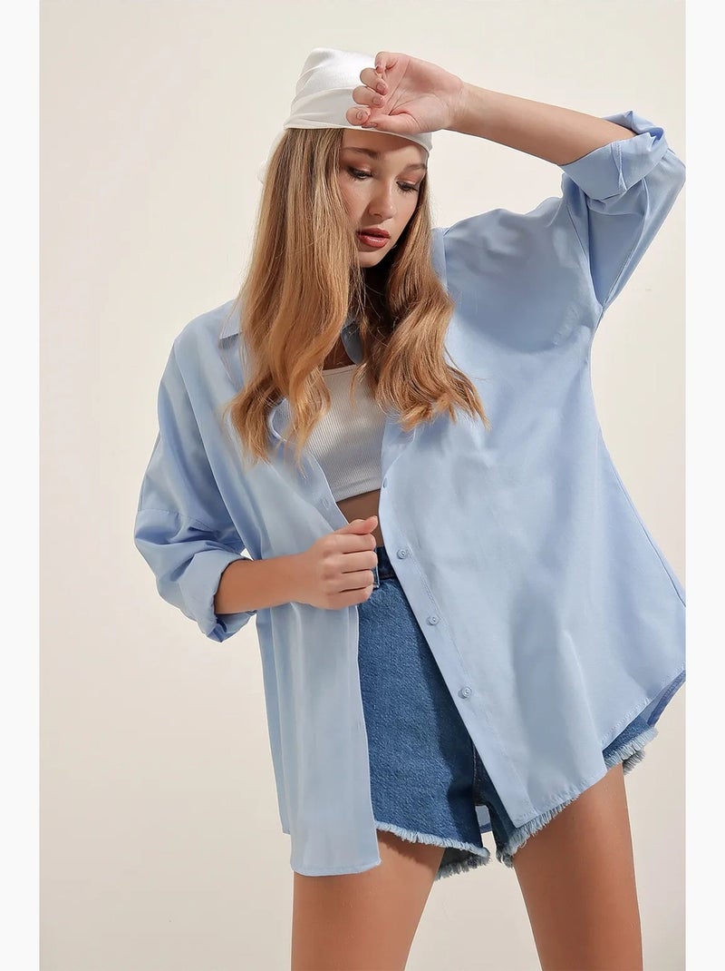 Chemise oversize à motif en popeline avec boutons bdart Bleu clair - Kiabi