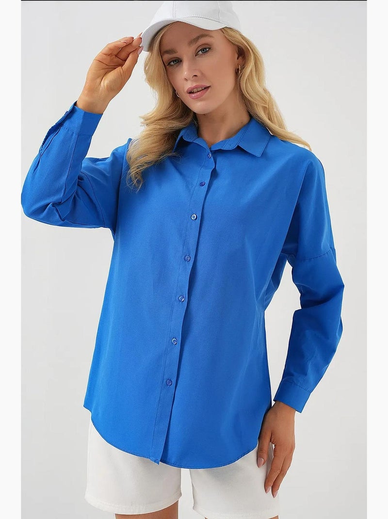 Chemise oversize à motif en popeline avec boutons bdart Bleu cobalt - Kiabi