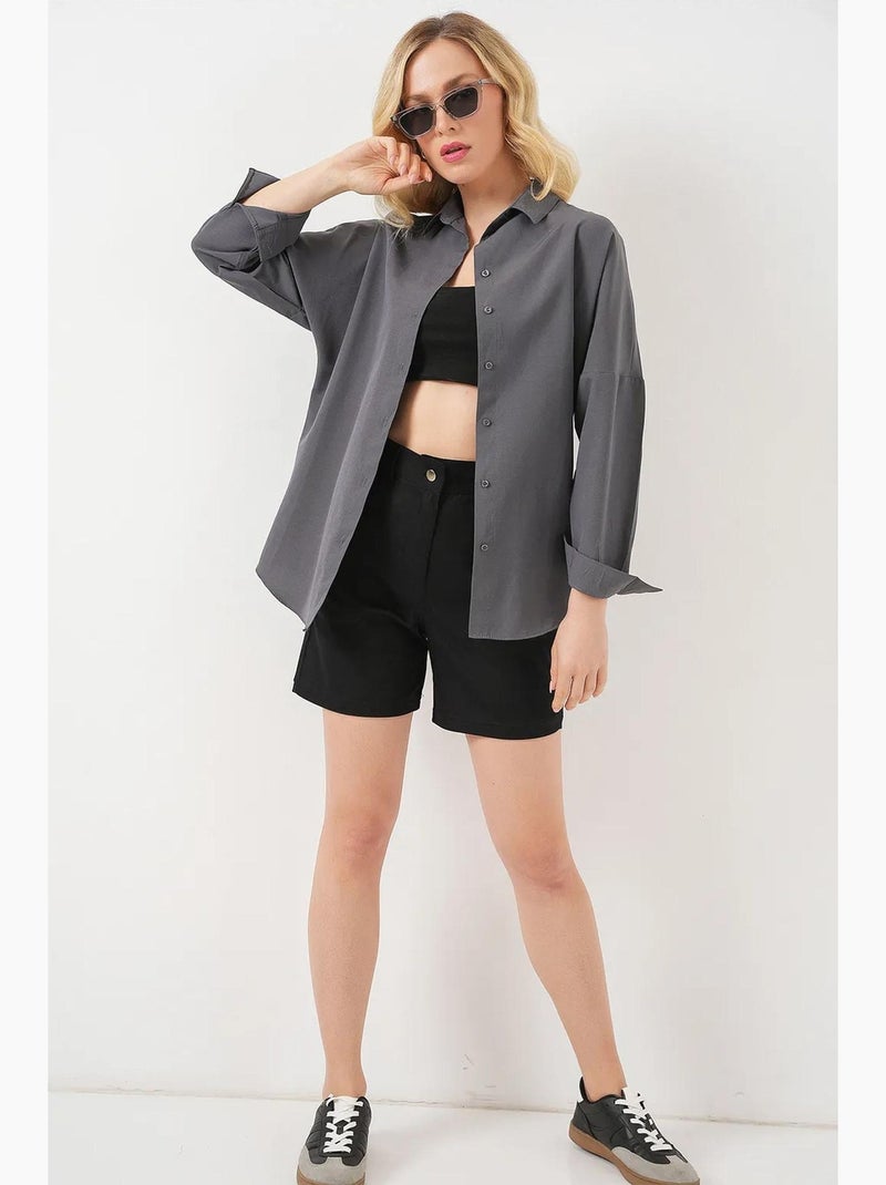 Chemise oversize à motif en popeline avec boutons bdart Gris Noir - Kiabi