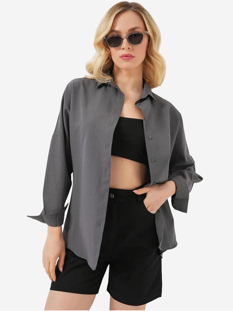 Chemise oversize à motif en popeline avec boutons bdart Gris Noir - Kiabi