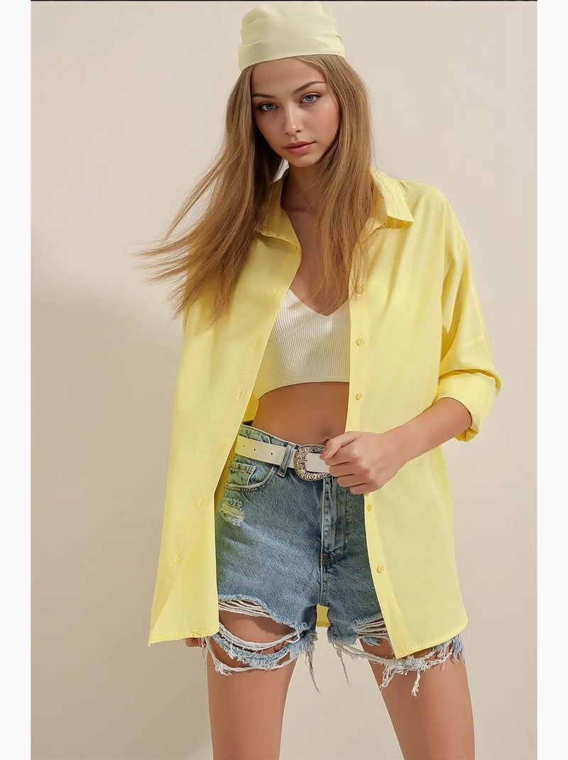 Chemise oversize à motif en popeline avec boutons bdart Jaune citron - Kiabi