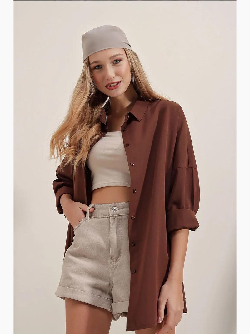 Chemise oversize à motif en popeline avec boutons bdart Marron - Kiabi
