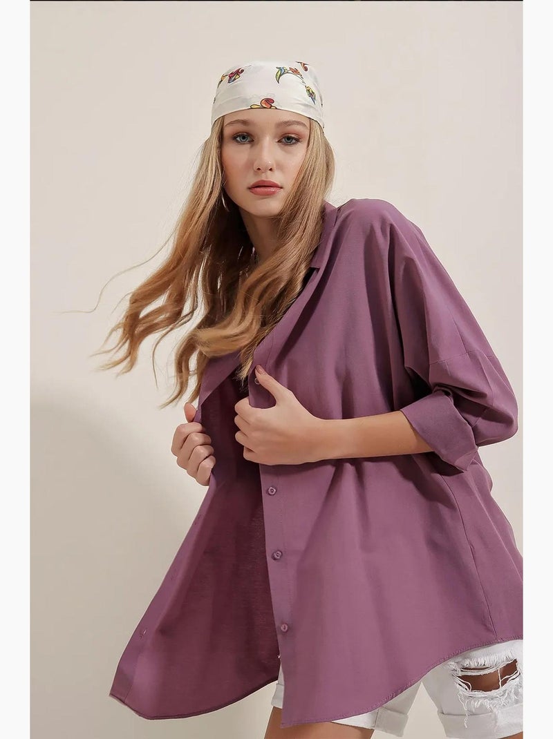 Chemise oversize à motif en popeline avec boutons bdart Mauve - Kiabi