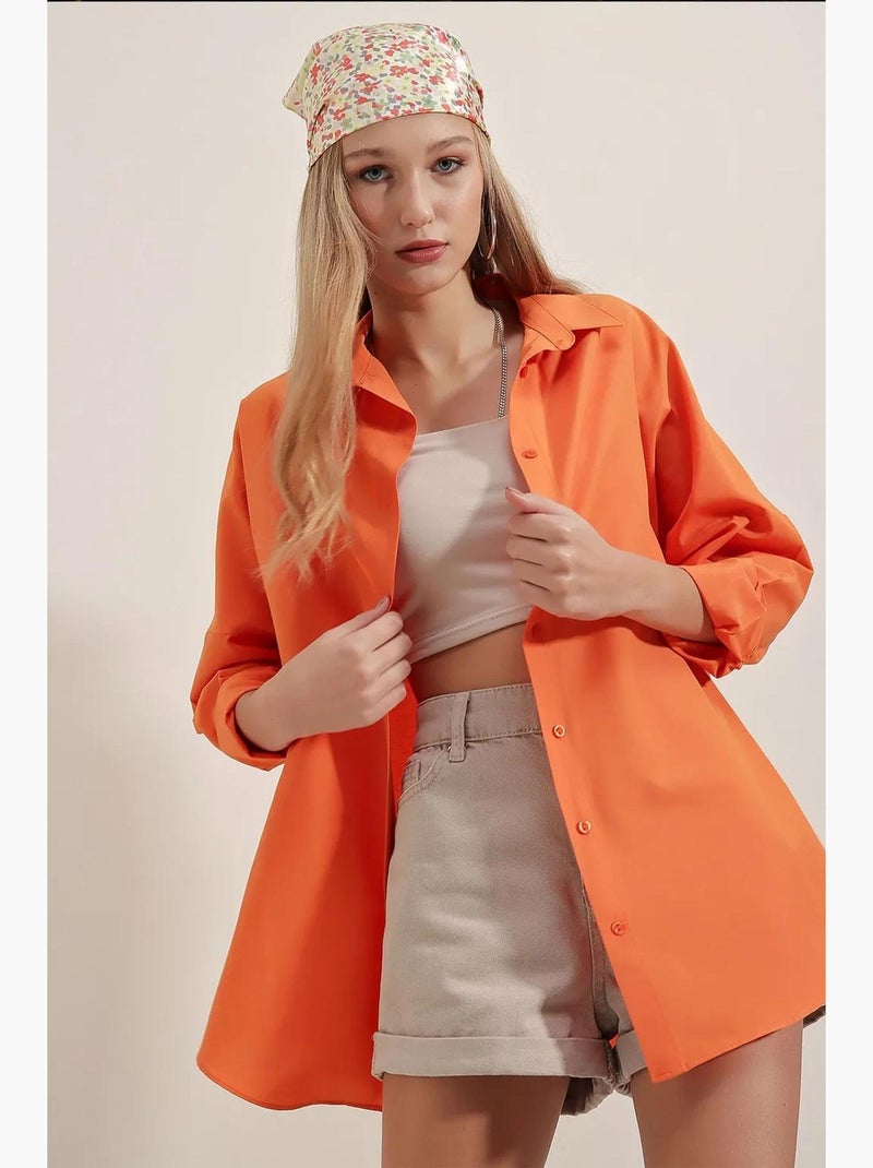 Chemise oversize à motif en popeline avec boutons bdart Orange - Kiabi