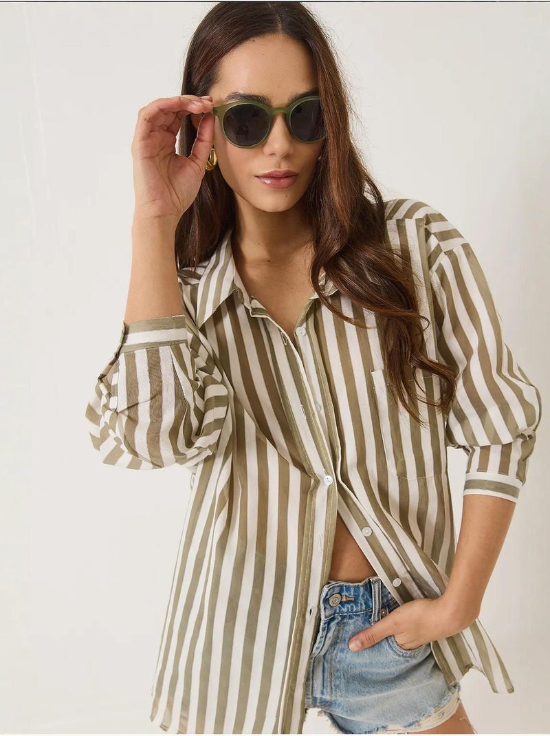 Chemise oversize à rayures et poche unique lucci Kaki - Kiabi
