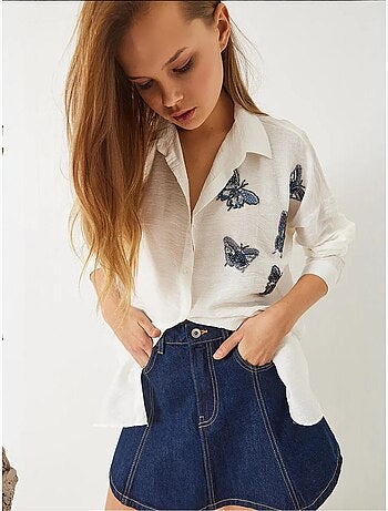 Chemise oversize aerobin brodée de perles et de pierres papillon lucci