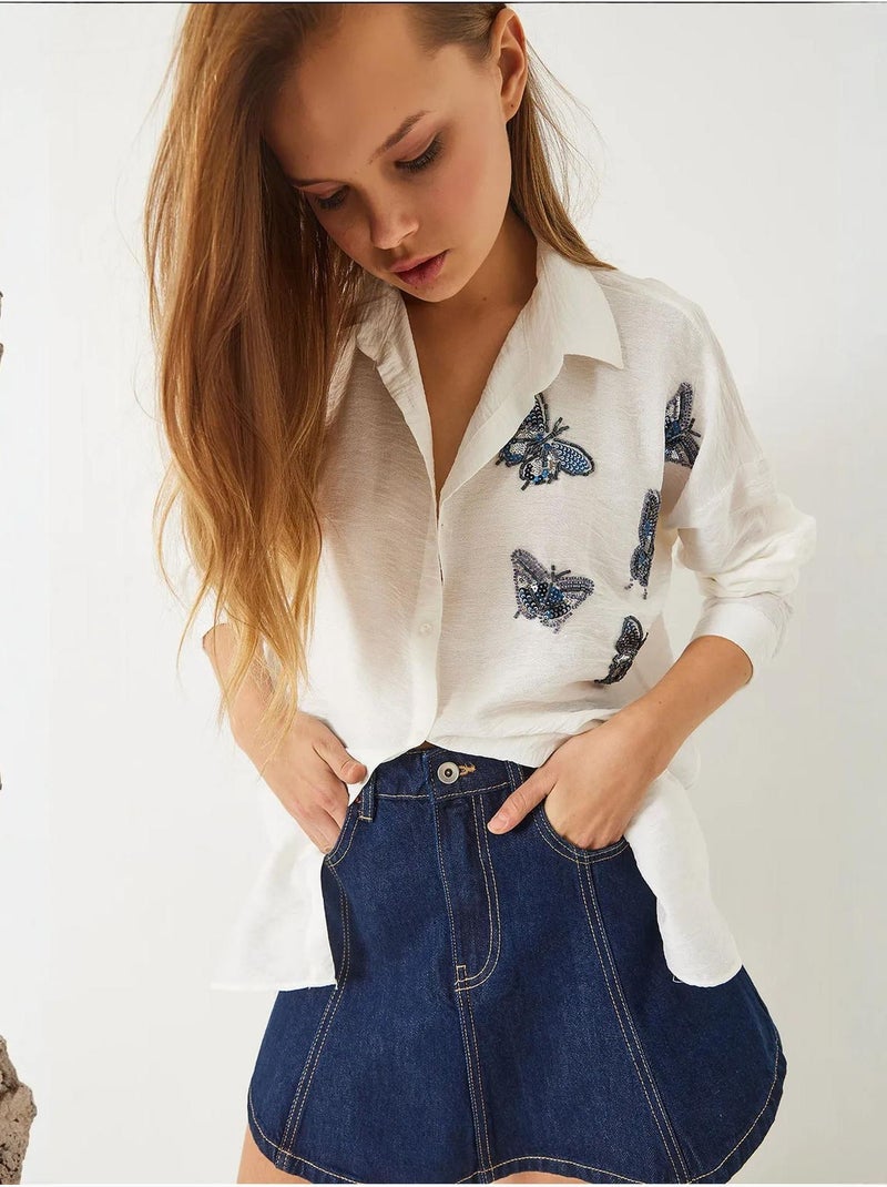 Chemise oversize aerobin brodée de perles et de pierres papillon lucci Blanc - Kiabi