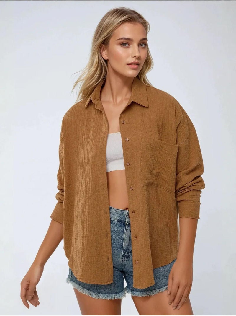 Chemise oversize en coton avec poche hiccup Marron - Kiabi