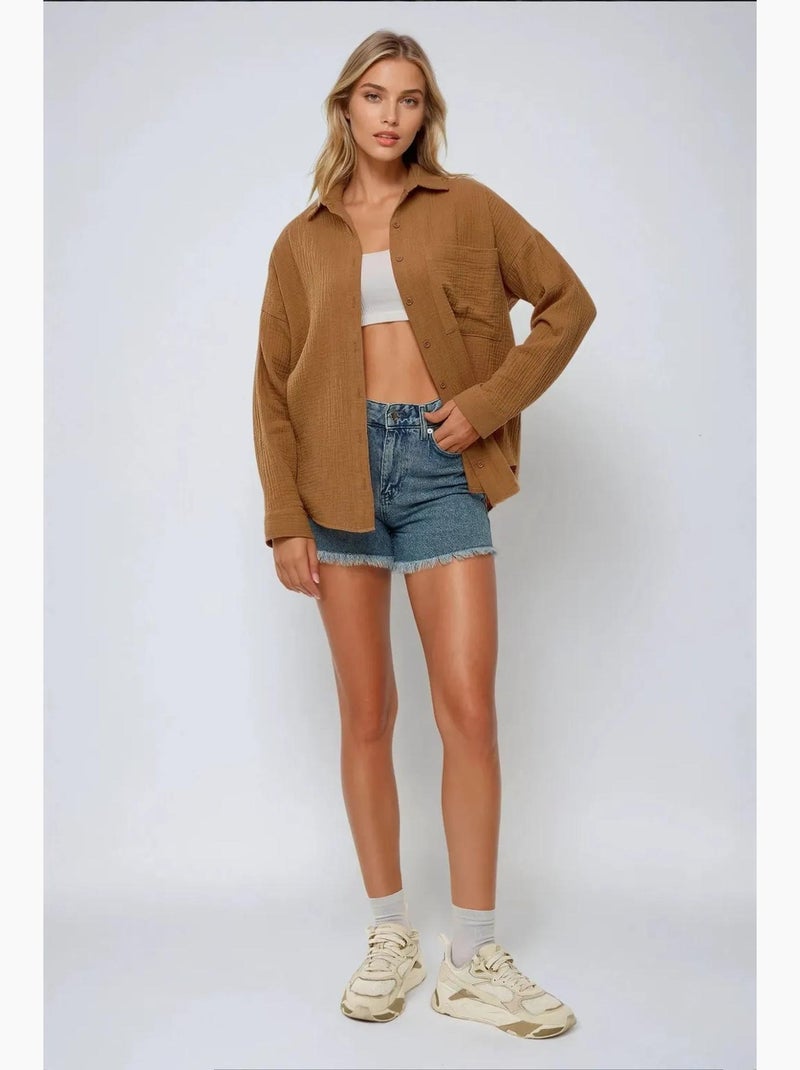 Chemise oversize en coton avec poche hiccup Marron - Kiabi