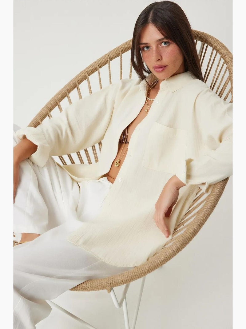 Chemise oversize en coton texturé avec poche istanbul Crème - Kiabi