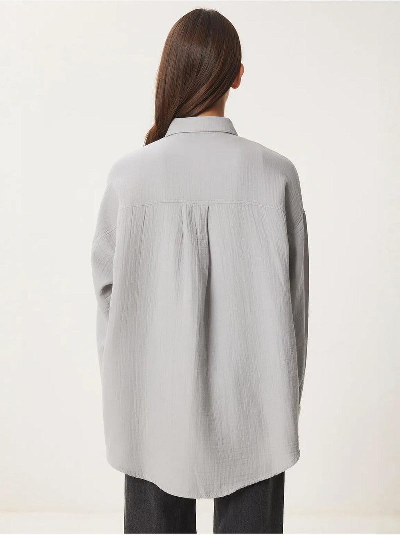 Chemise oversize en coton texturé avec poche istanbul Gris clair - Kiabi