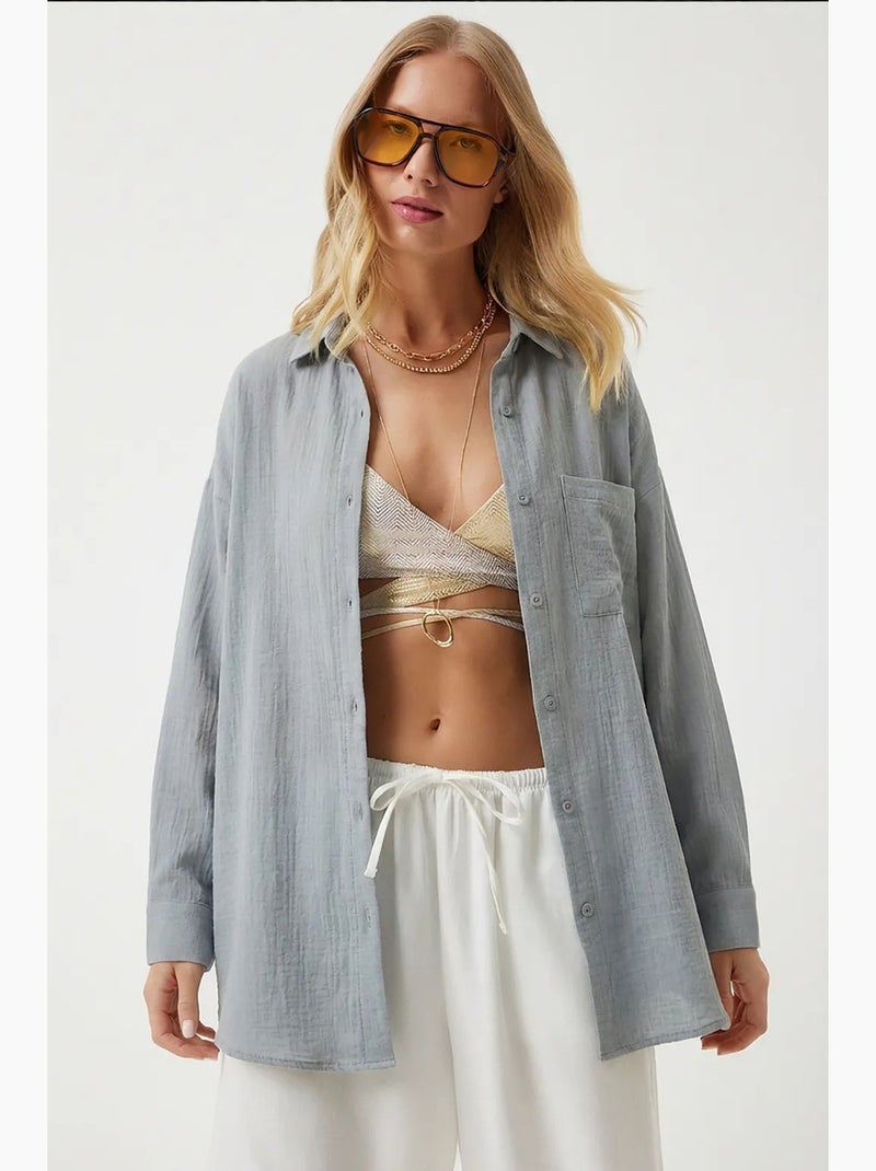 Chemise oversize en coton texturé avec poche istanbul Gris perle - Kiabi