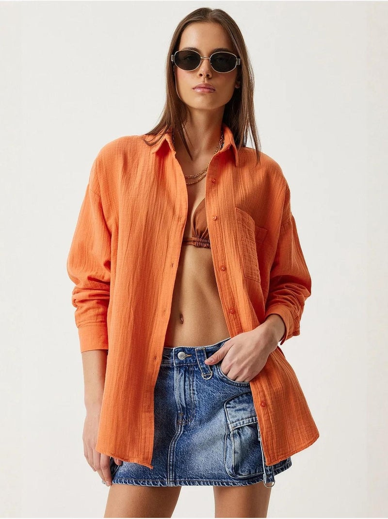 Chemise oversize en coton texturé avec poche istanbul Orange - Kiabi