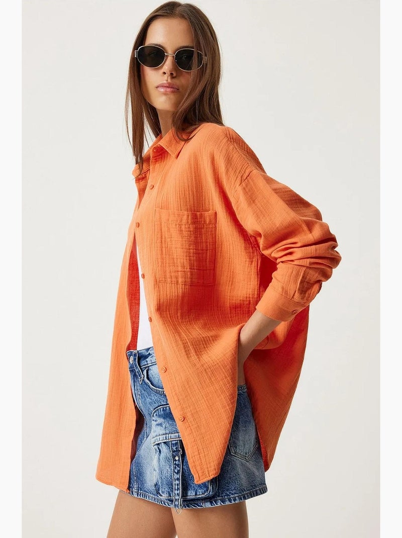 Chemise oversize en coton texturé avec poche istanbul Orange - Kiabi