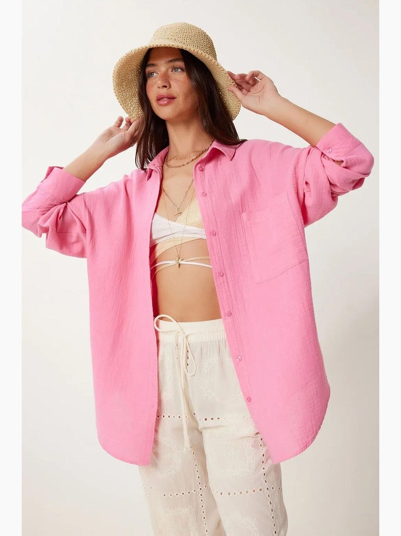 Chemise oversize en coton texturé avec poche istanbul Rose fluo/Solinotes - Kiabi