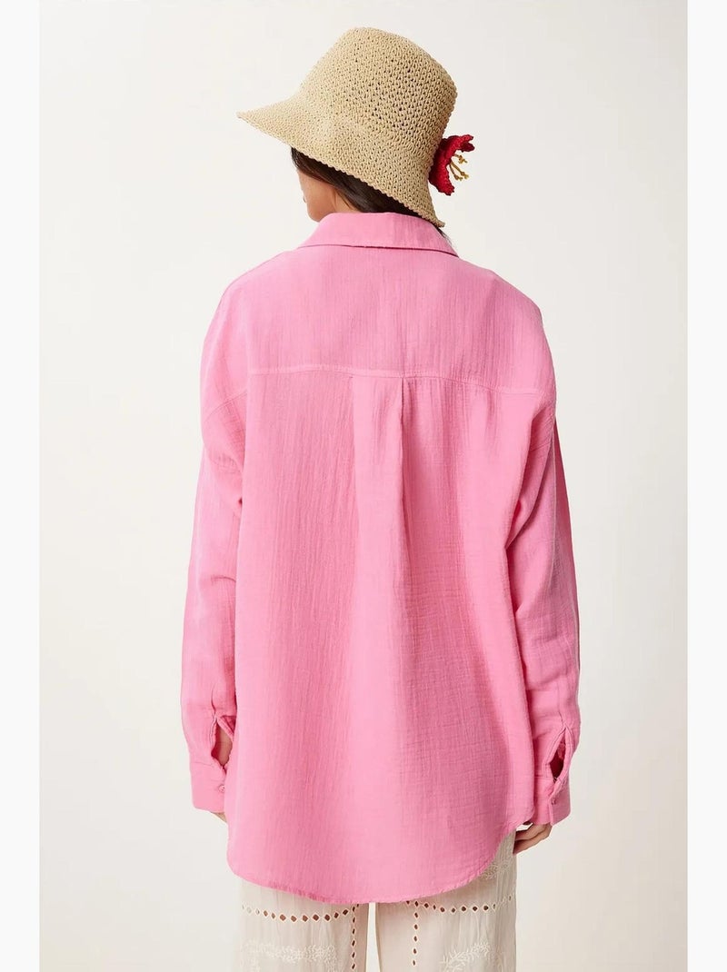 Chemise oversize en coton texturé avec poche istanbul Rose fluo/Solinotes - Kiabi