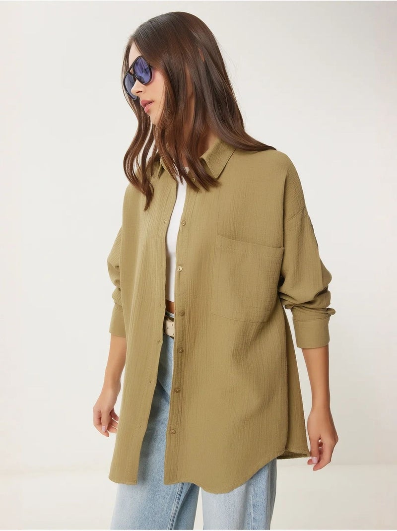 Chemise oversize en coton texturé avec poche istanbul Vert kaki clair - Kiabi