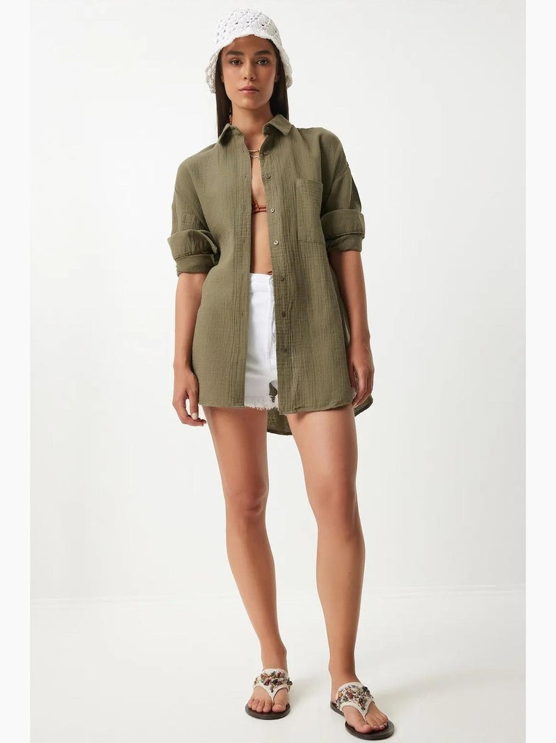 Chemise oversize en coton texturé avec poche istanbul Vert kaki - Kiabi