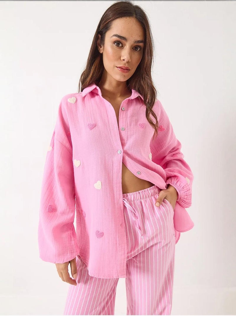 Chemise oversize en mousseline bianco avec broderie cœur lucci Rose fluo/Solinotes - Kiabi