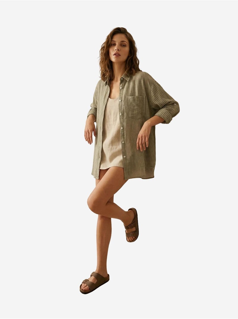 Chemise oversize rayée en popeline de coton my fashion Kaki - Kiabi