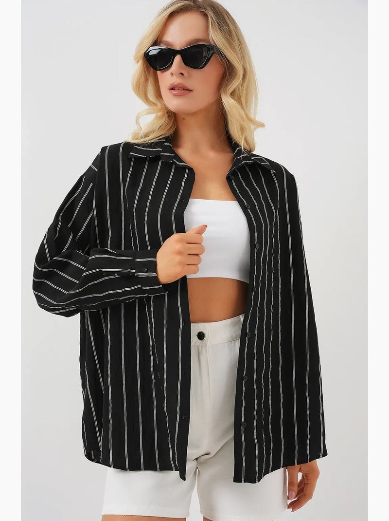 Chemise oversize texturée à rayures avec fermeture à boutons bdart Noir - Kiabi