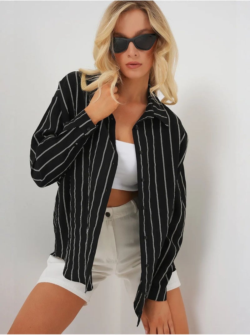 Chemise oversize texturée à rayures avec fermeture à boutons bdart Noir - Kiabi