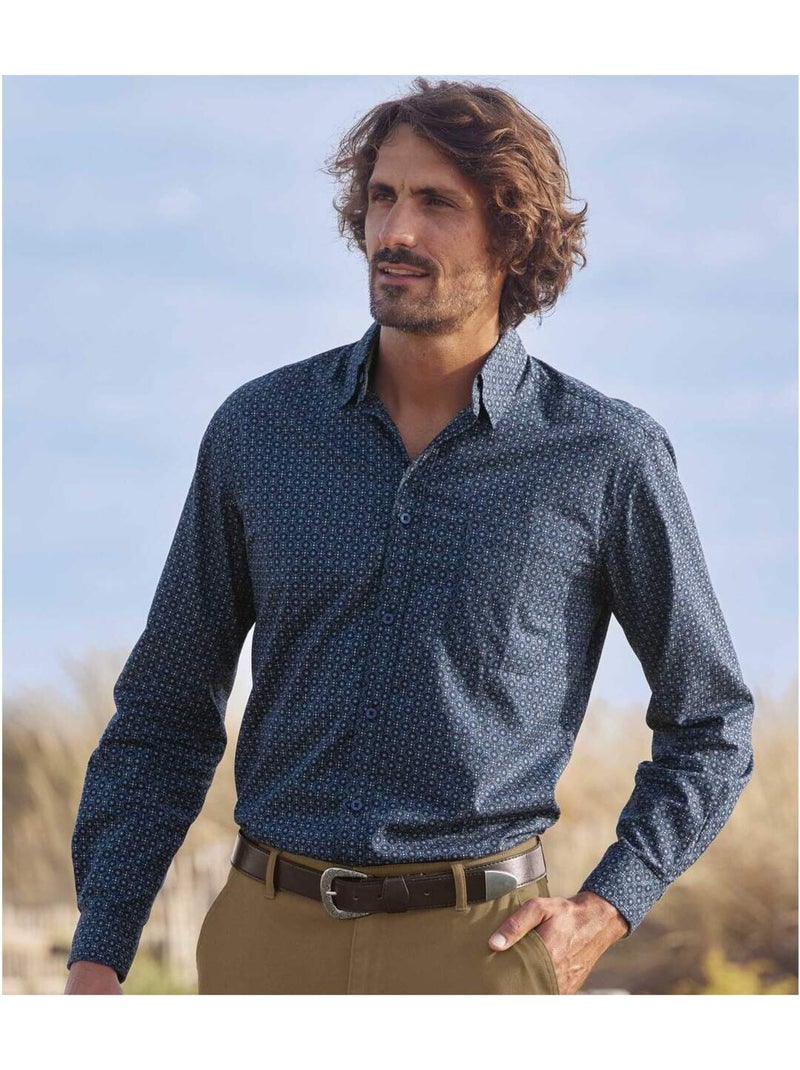 Chemise popeline à micromotifs trendy    - atlas for men Blanc Bleu marine - Kiabi