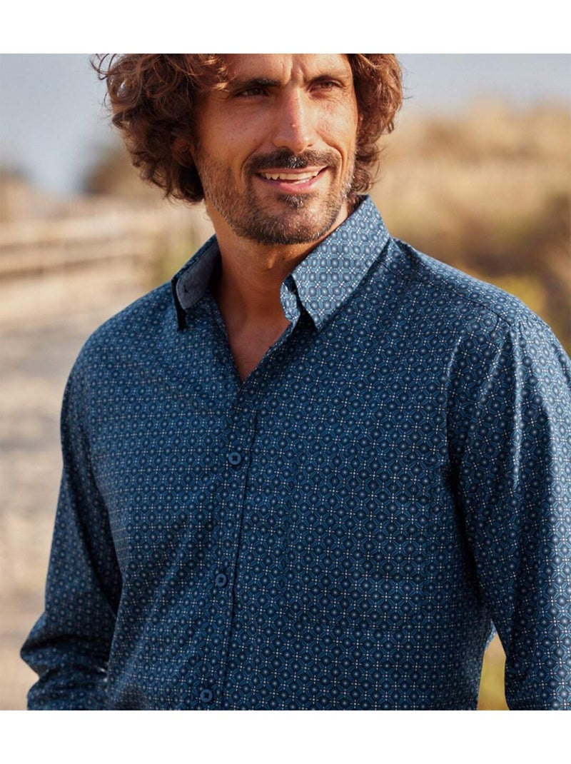 Chemise popeline à micromotifs trendy    - atlas for men Blanc Bleu marine - Kiabi