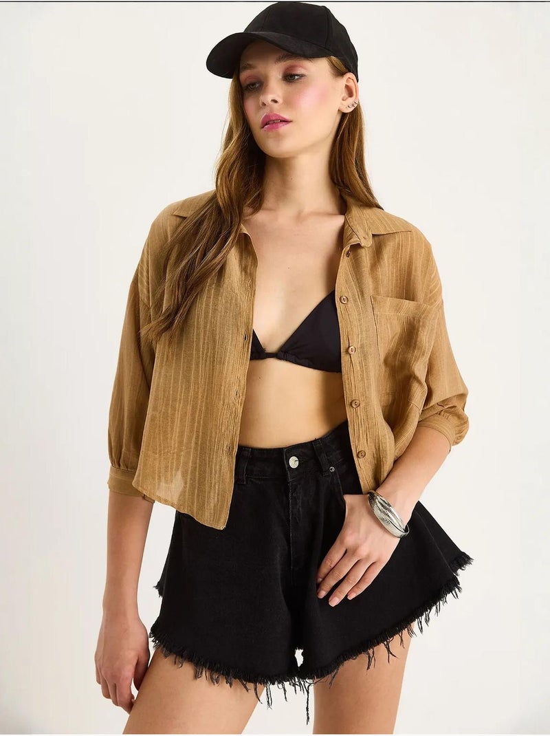 Chemise rayée à manches courtes et poche unique lucci Camel - Kiabi