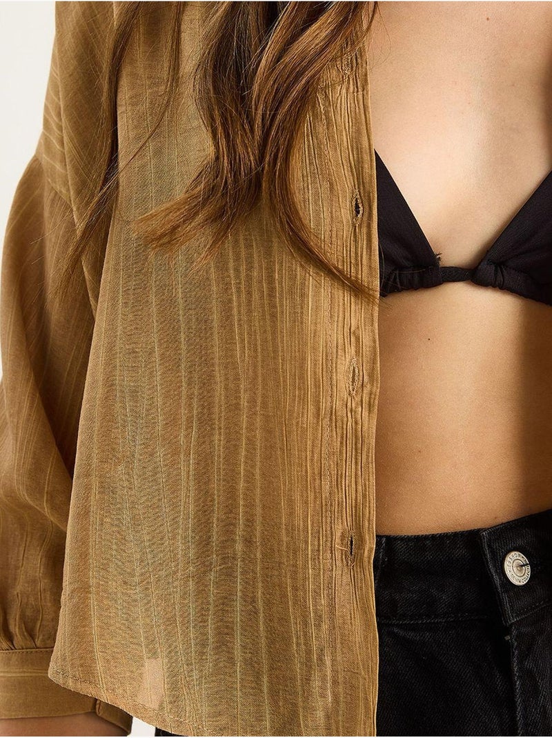 Chemise rayée à manches courtes et poche unique lucci Camel - Kiabi