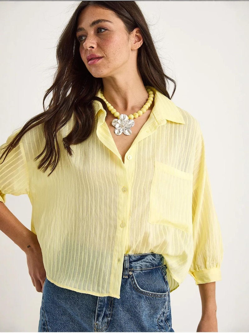 Chemise rayée à manches courtes et poche unique lucci Jaune citron - Kiabi