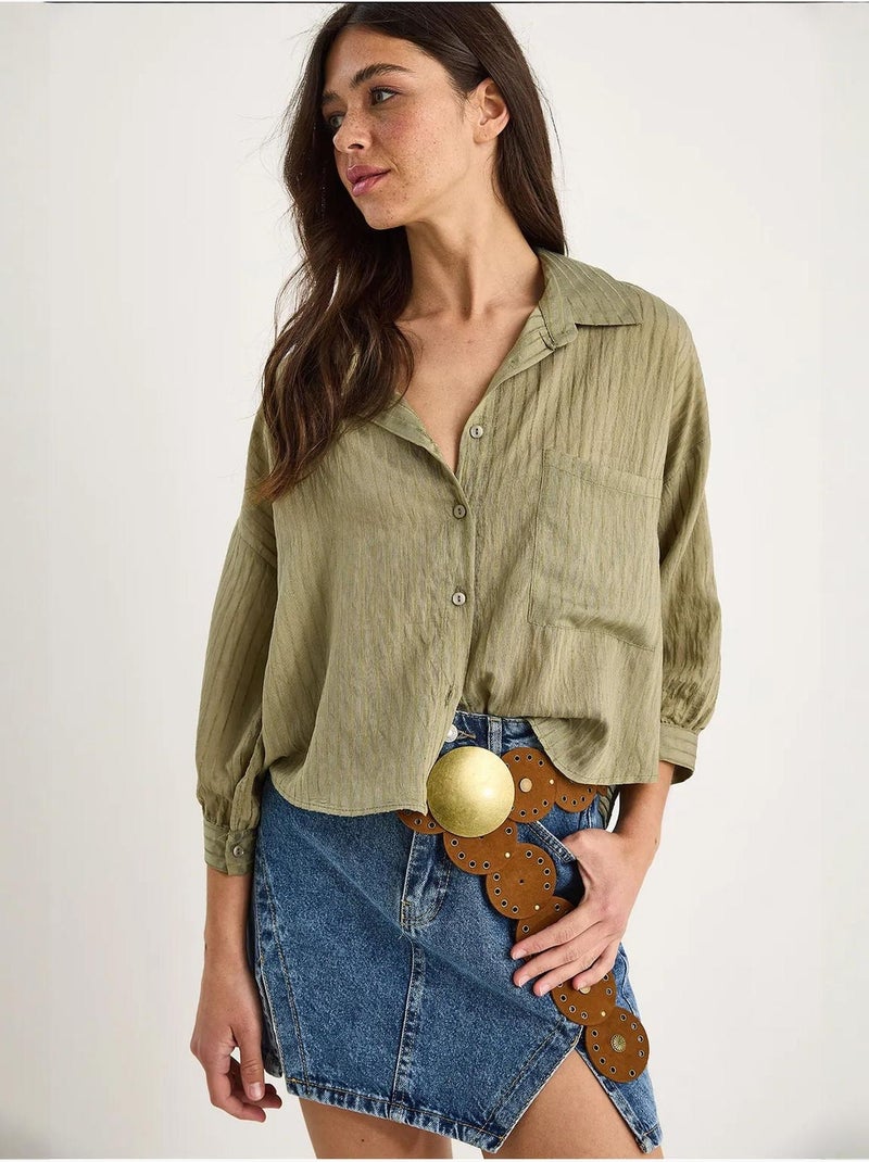 Chemise rayée à manches courtes et poche unique lucci Kaki - Kiabi