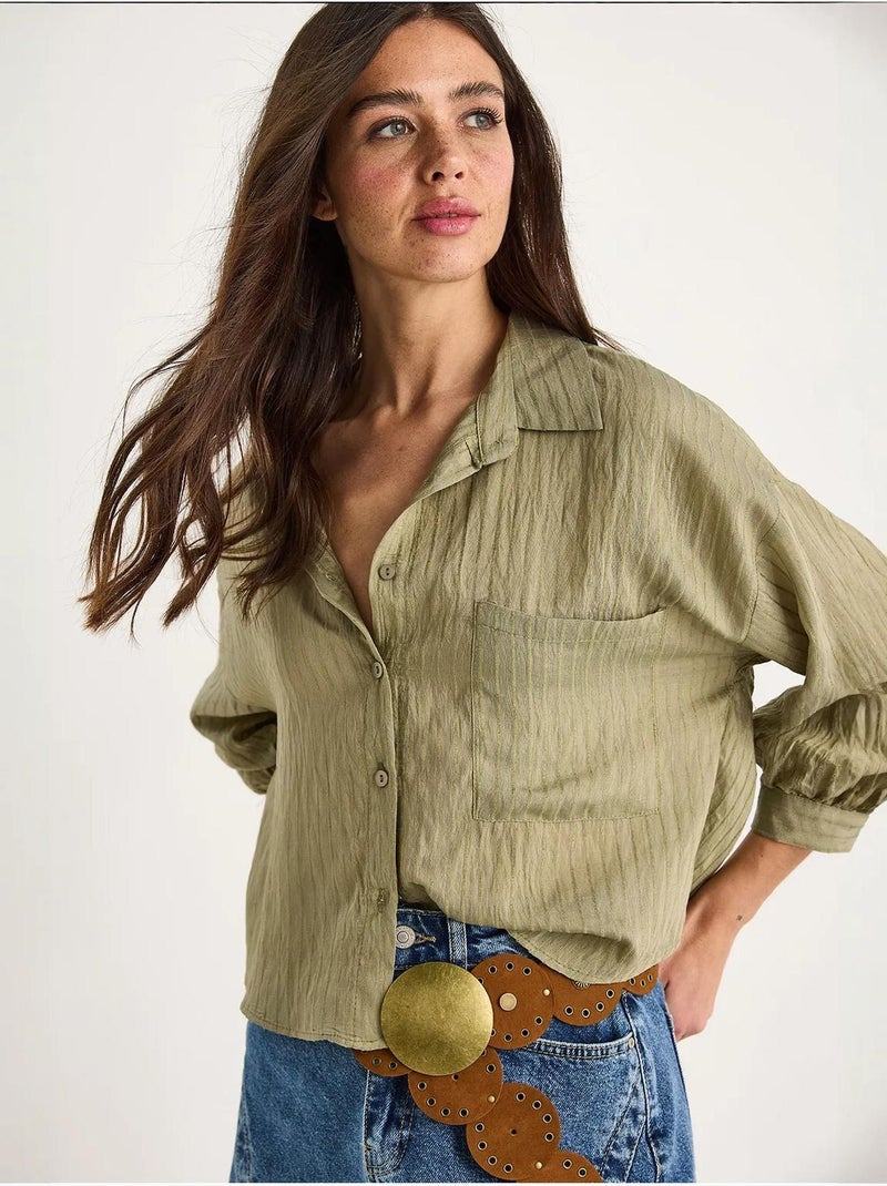 Chemise rayée à manches courtes et poche unique lucci Kaki - Kiabi