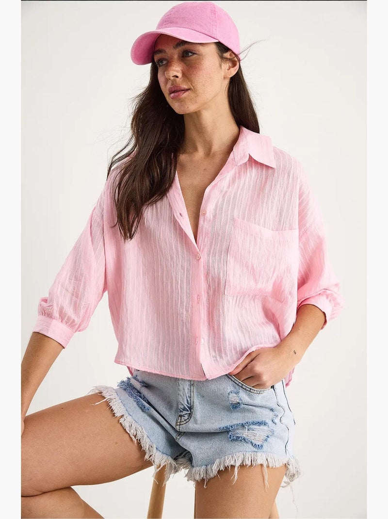 Chemise rayée à manches courtes et poche unique lucci Rose clair - Kiabi