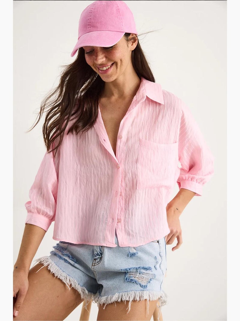 Chemise rayée à manches courtes et poche unique lucci Rose clair - Kiabi