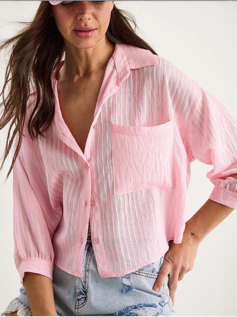 Chemise rayée à manches courtes et poche unique lucci Rose clair - Kiabi