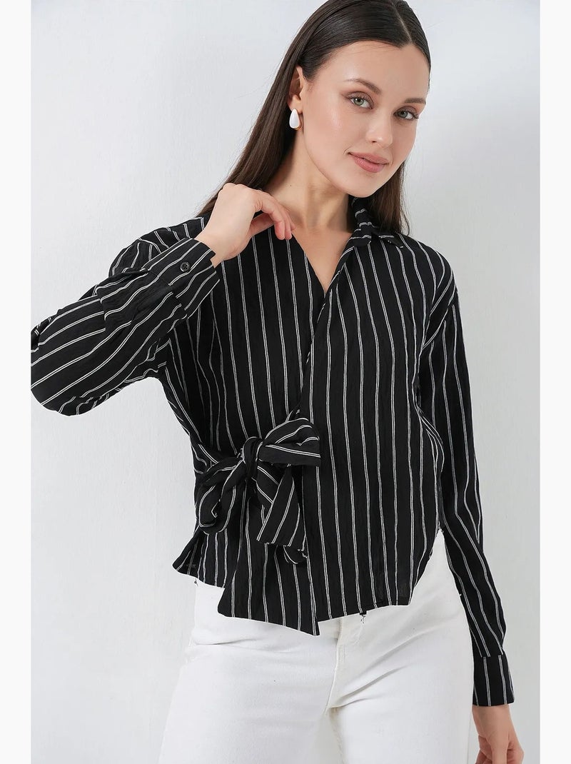 Chemise rayée à manches longues avec détail cravate bdart Noir - Kiabi
