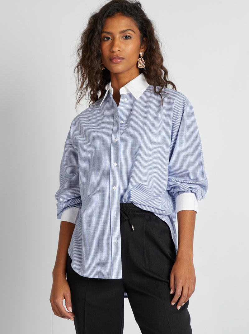 Chemise rayée avec col et poignets contrastants Bleu - Kiabi