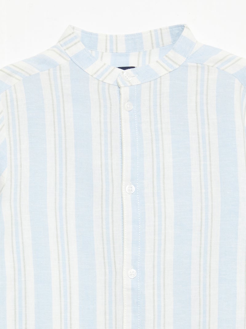 Chemise rayée col mao en lin et coton Bleu - Kiabi