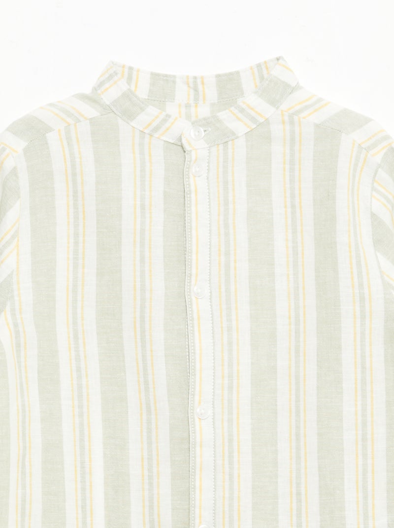 Chemise rayée col mao en lin et coton Vert - Kiabi