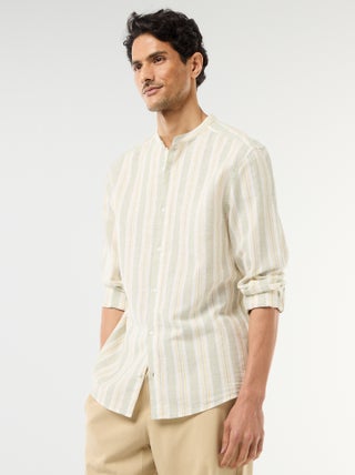 Chemise rayée col mao et manches retroussables
