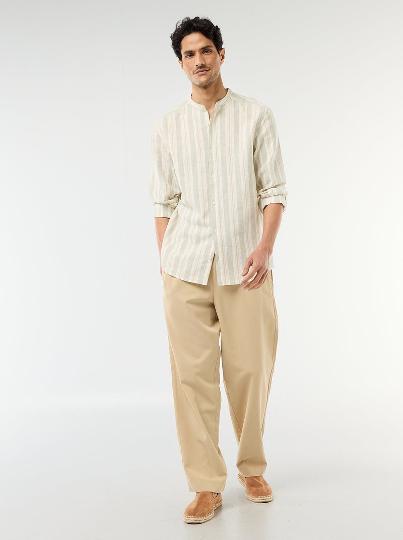 Chemise rayée col mao et manches retroussables Vert - Kiabi