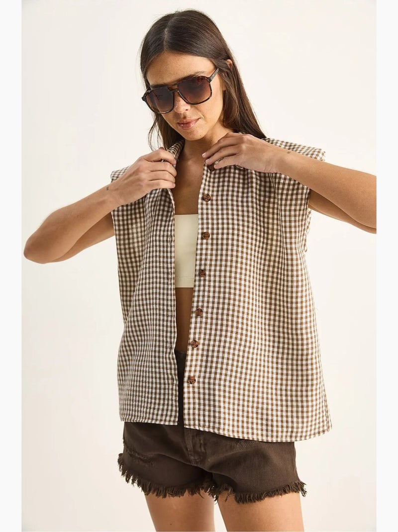 Chemise sans manches en coton à carreaux vichy lucci Marron - Kiabi