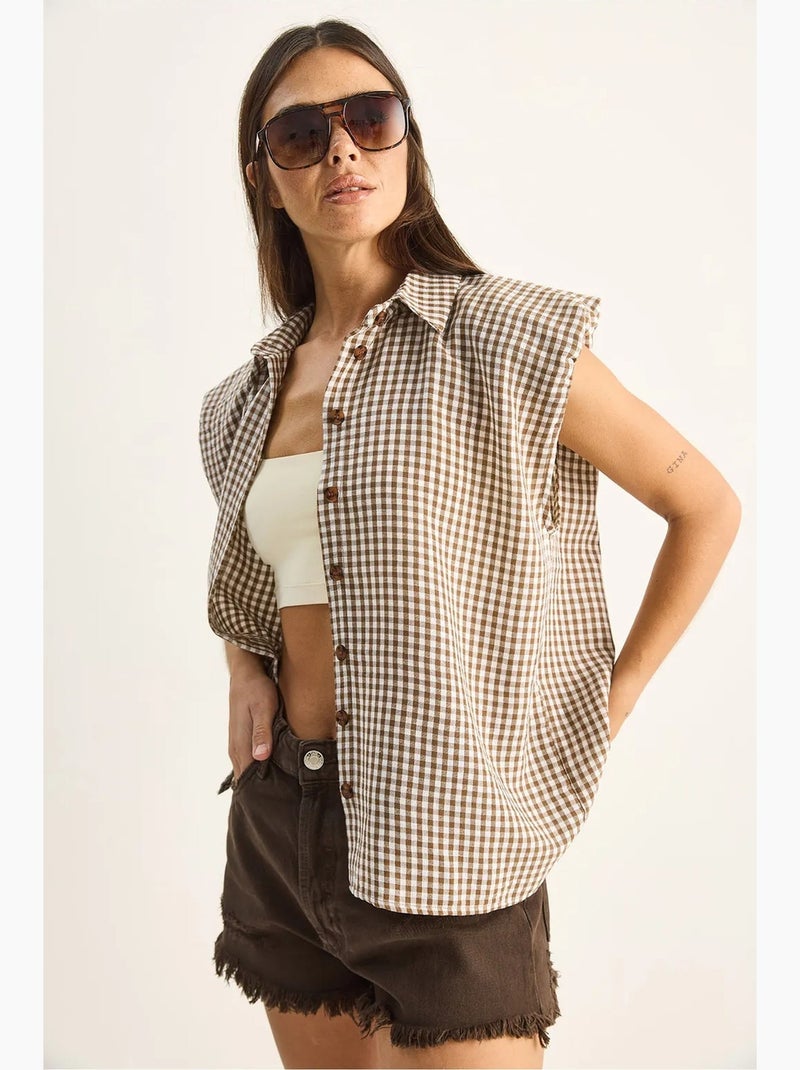 Chemise sans manches en coton à carreaux vichy lucci Marron - Kiabi