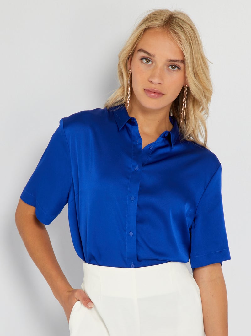 Chemise satinée manches courtes bleu - Kiabi
