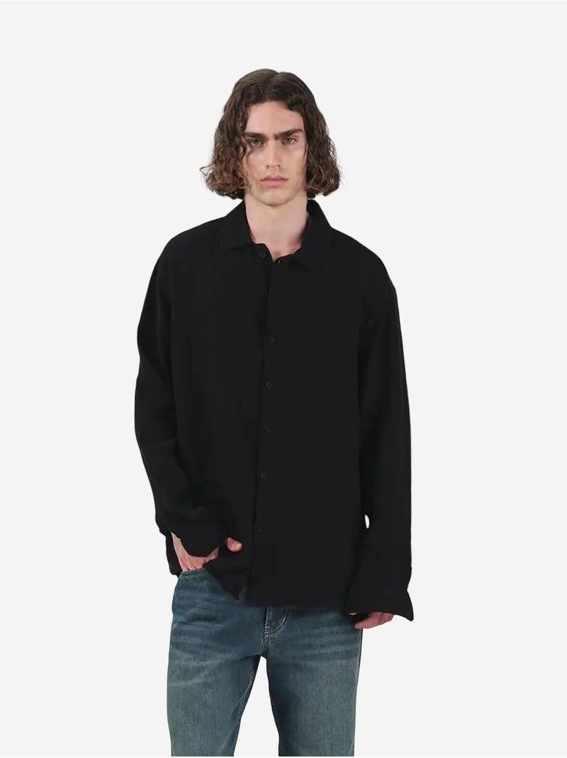 Chemise texturée à manches longues et boutonnée giesto Noir - Kiabi